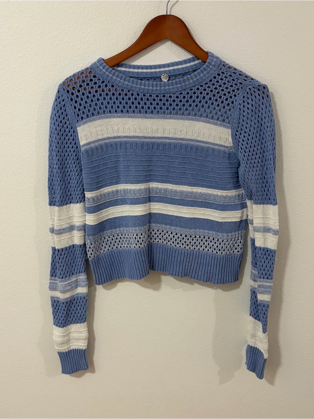 Margaret O'Leary Blue and White Open-Knit Striped Crewneck Sweater